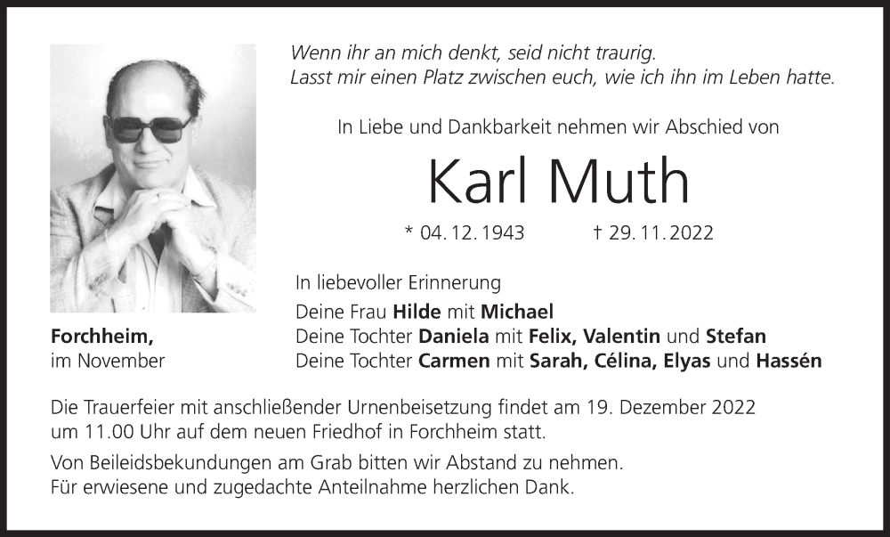  Traueranzeige für Karl Muth vom 17.12.2022 aus MGO