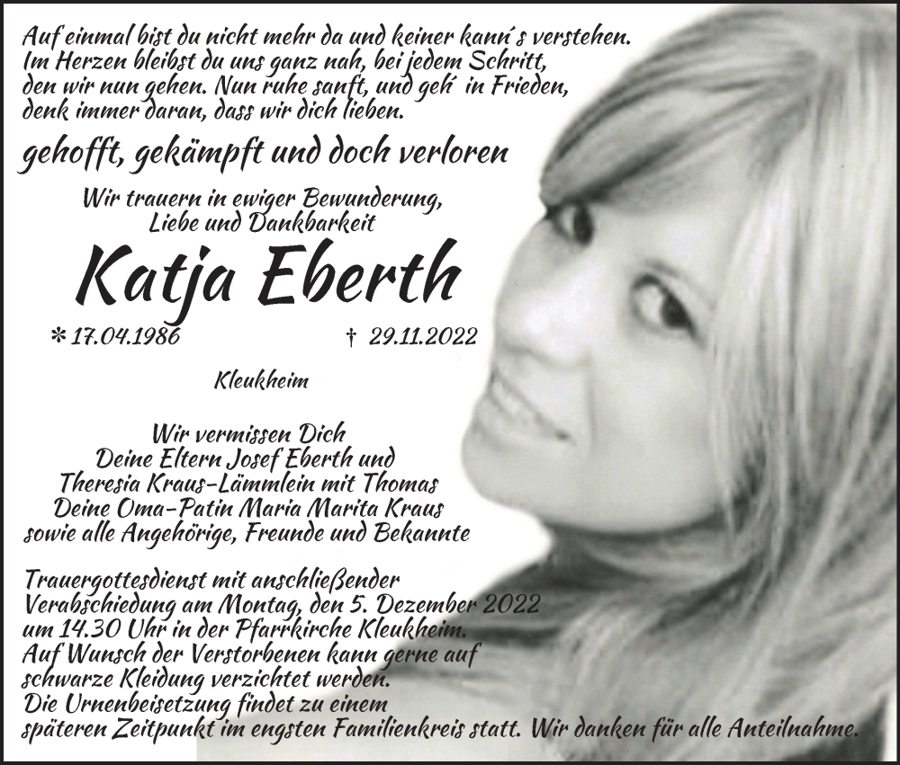  Traueranzeige für Katja Eberth vom 03.12.2022 aus MGO