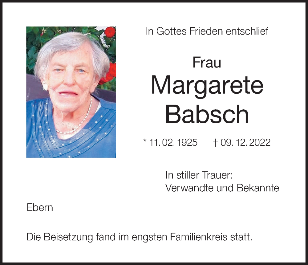  Traueranzeige für Margarete Babsch vom 21.12.2022 aus MGO