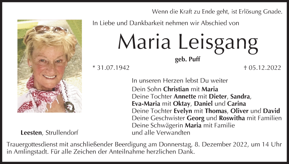  Traueranzeige für Maria Leisgang vom 07.12.2022 aus MGO