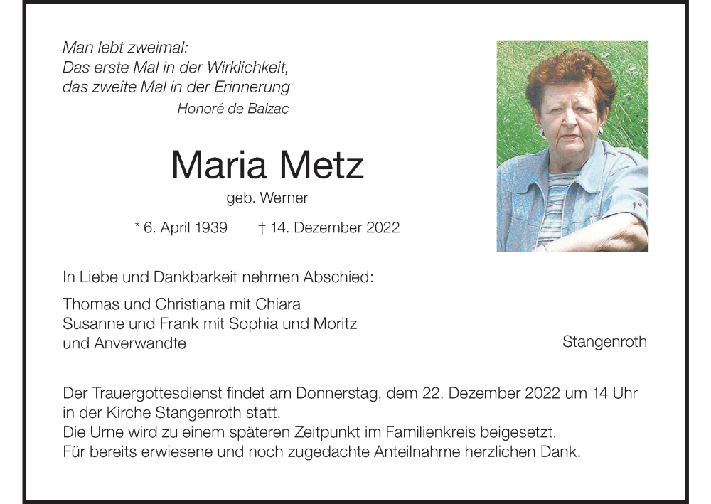  Traueranzeige für Maria Metz vom 17.12.2022 aus MGO