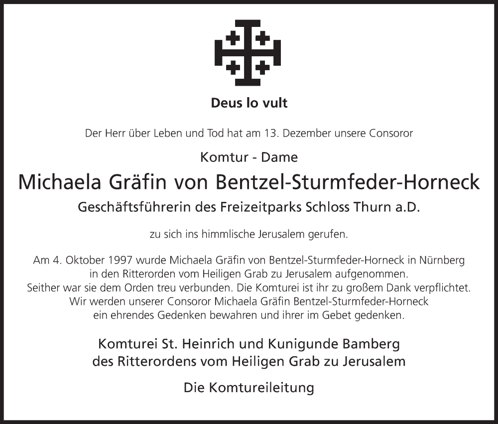  Traueranzeige für Michaela Elisabeth Gräfin von Bentzel-Sturmfeder-Horneck vom 16.12.2022 aus MGO