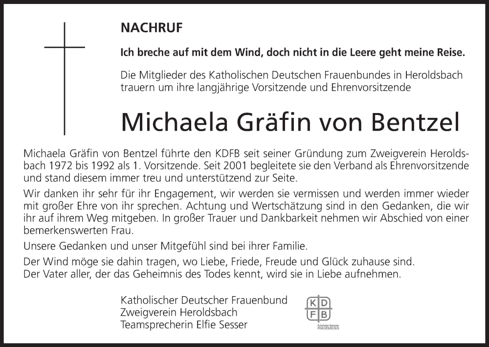  Traueranzeige für Michaela Elisabeth Gräfin von Bentzel-Sturmfeder-Horneck vom 16.12.2022 aus MGO