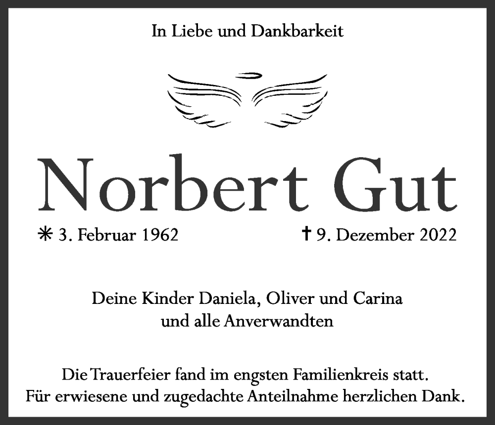  Traueranzeige für Norbert Gut vom 24.12.2022 aus MGO