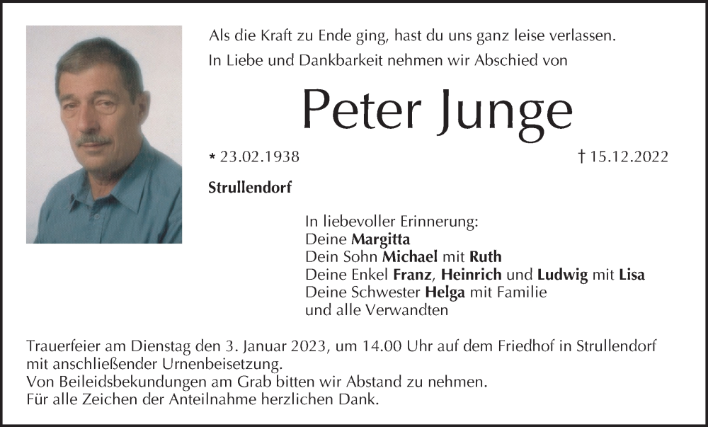  Traueranzeige für Peter Junge vom 31.12.2022 aus MGO