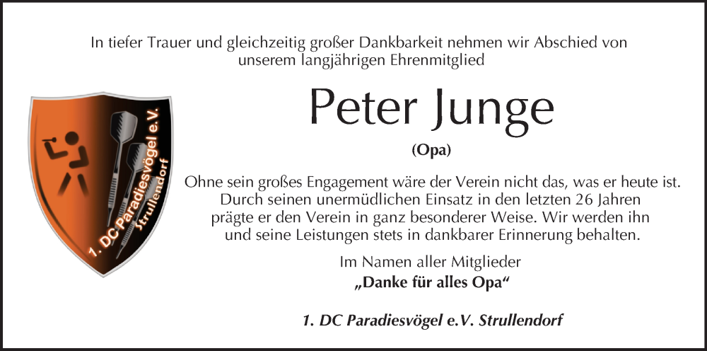  Traueranzeige für Peter Junge vom 31.12.2022 aus MGO