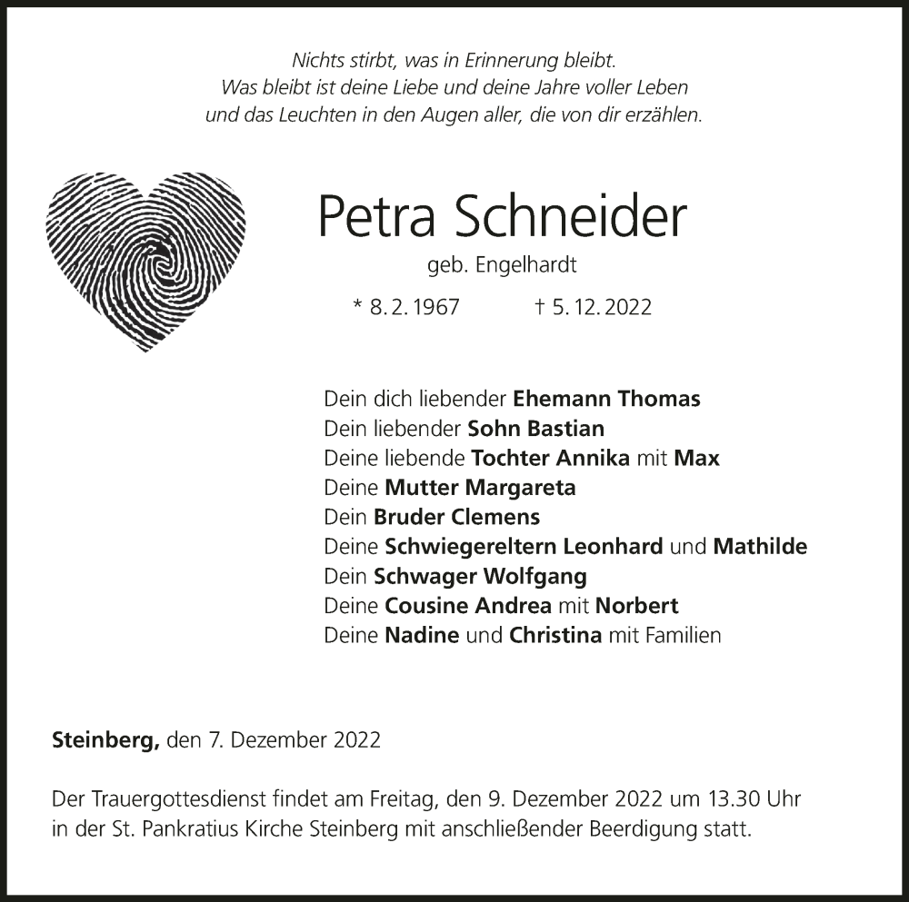  Traueranzeige für Petra Schneider vom 07.12.2022 aus MGO