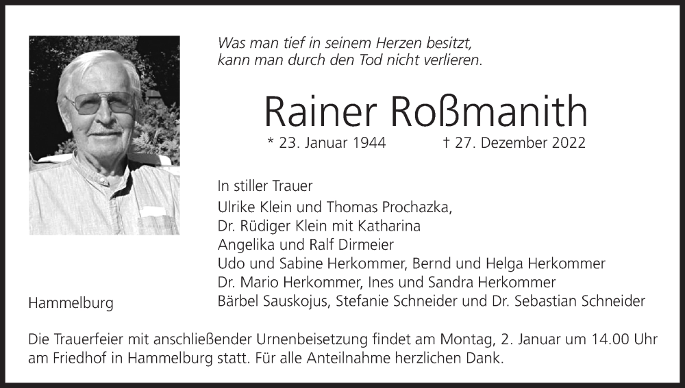  Traueranzeige für Rainer Roßmanith vom 31.12.2022 aus MGO