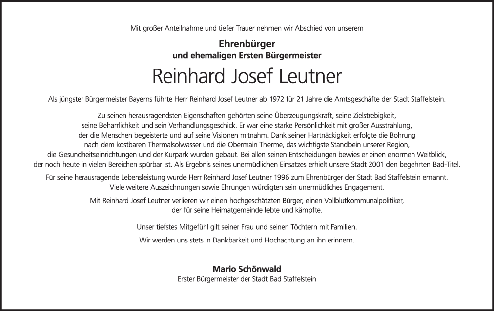  Traueranzeige für Reinhard Josef Leutner vom 03.12.2022 aus MGO