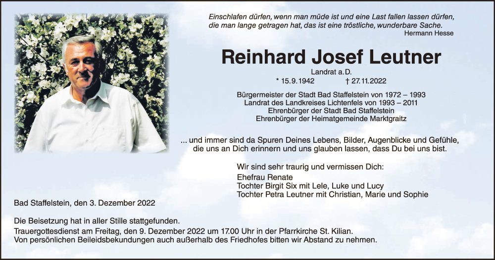  Traueranzeige für Reinhard Josef Leutner vom 03.12.2022 aus MGO