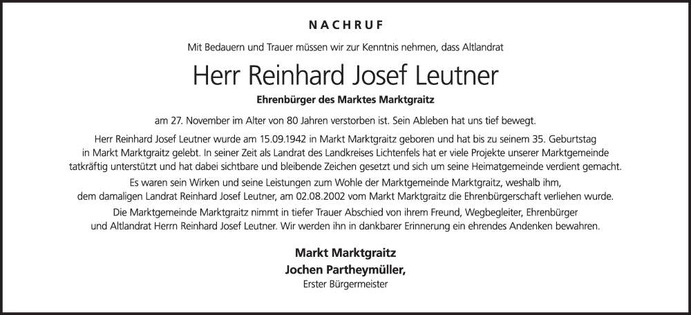  Traueranzeige für Reinhard Josef Leutner vom 03.12.2022 aus MGO