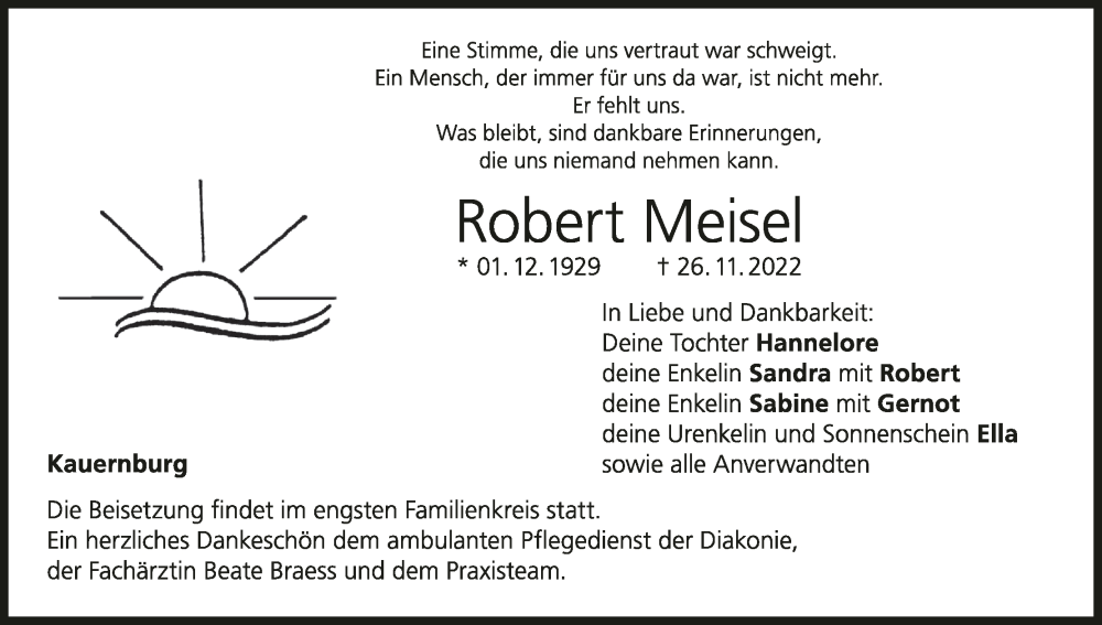  Traueranzeige für Robert Meisel vom 30.11.2022 aus MGO