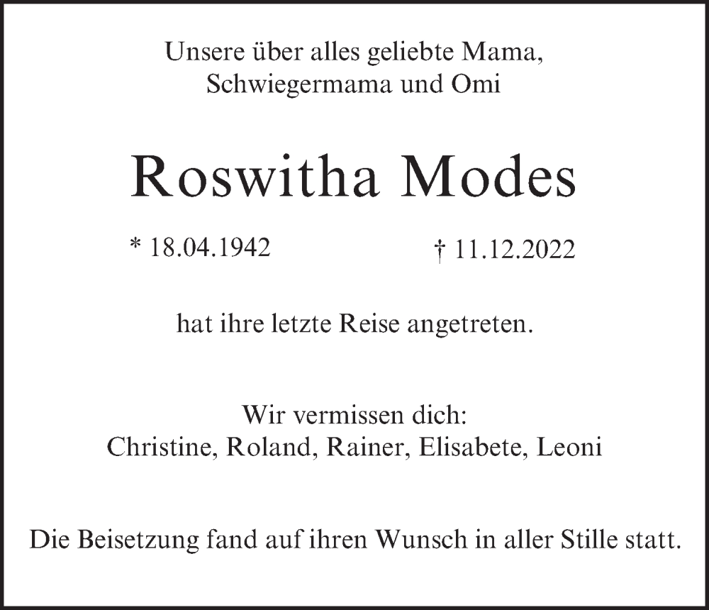  Traueranzeige für Roswitha Modes vom 31.12.2022 aus MGO