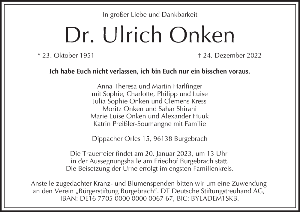  Traueranzeige für Ulrich Onken vom 31.12.2022 aus MGO