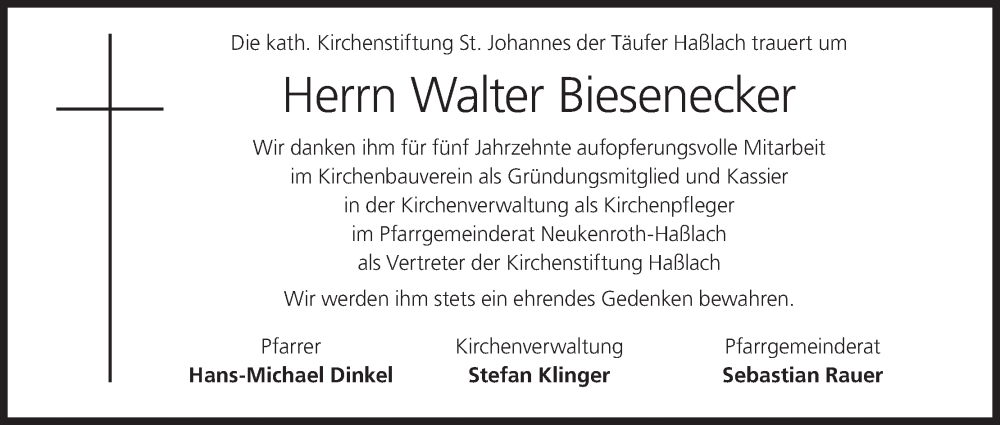  Traueranzeige für Walter Biesenecker vom 10.12.2022 aus MGO