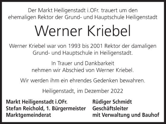 Anzeige von Werner Kriebel von MGO