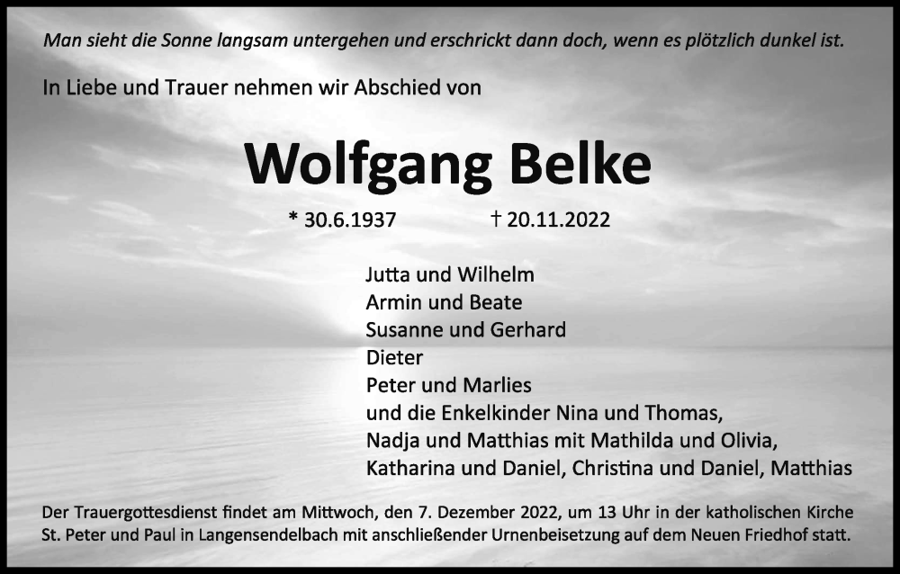  Traueranzeige für Wolfgang Belke vom 03.12.2022 aus MGO