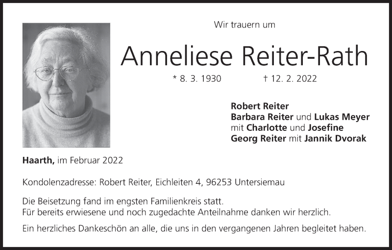  Traueranzeige für Anneliese Reiter-Rath vom 26.02.2022 aus MGO