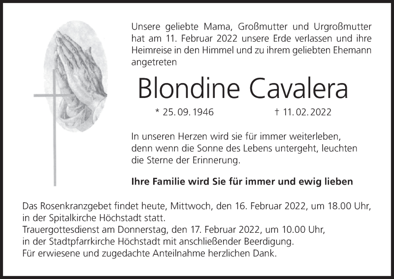  Traueranzeige für Blondine Cavalera vom 16.02.2022 aus MGO