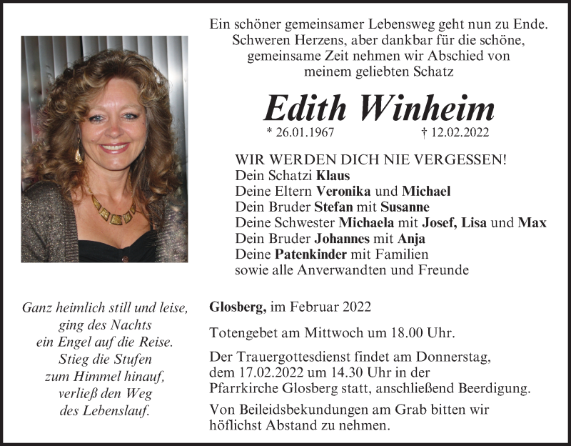  Traueranzeige für Edith Winheim vom 15.02.2022 aus MGO