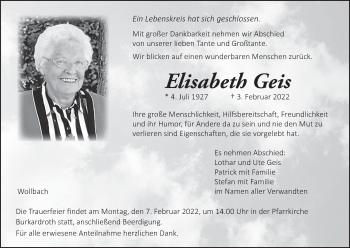 Elisabeth Geis | Traueranzeige | trauer.inFranken.de