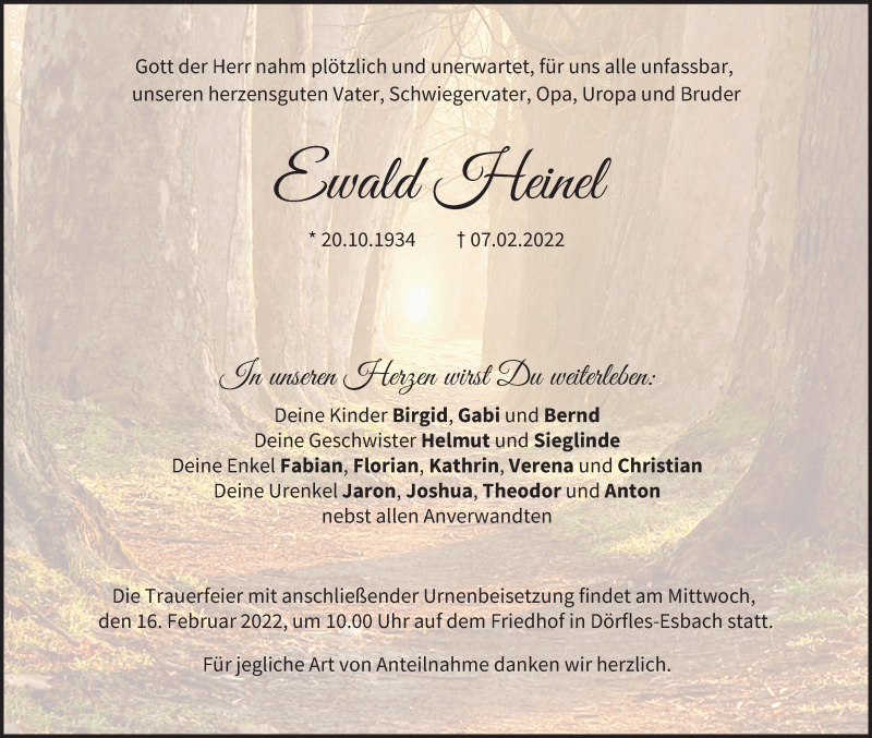 Traueranzeige für Ewald Heinel vom 12.02.2022 aus MGO