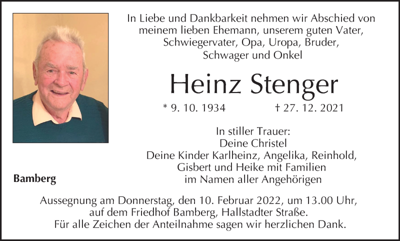  Traueranzeige für Heinz Stenger vom 05.02.2022 aus MGO