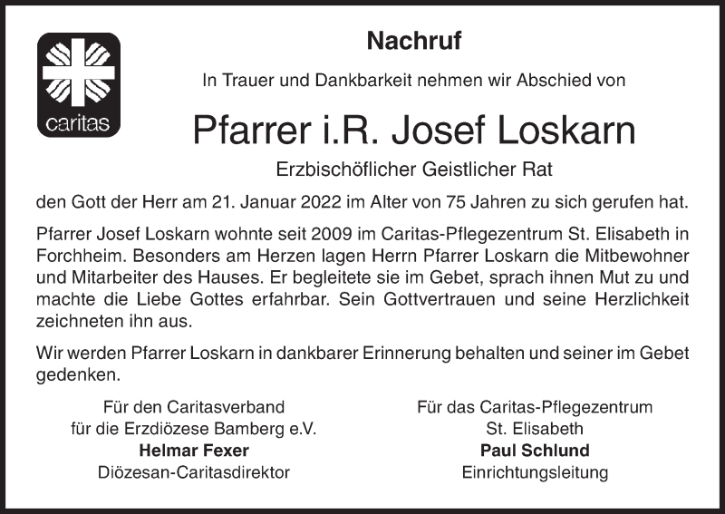  Traueranzeige für Josef Loskarn vom 09.02.2022 aus MGO