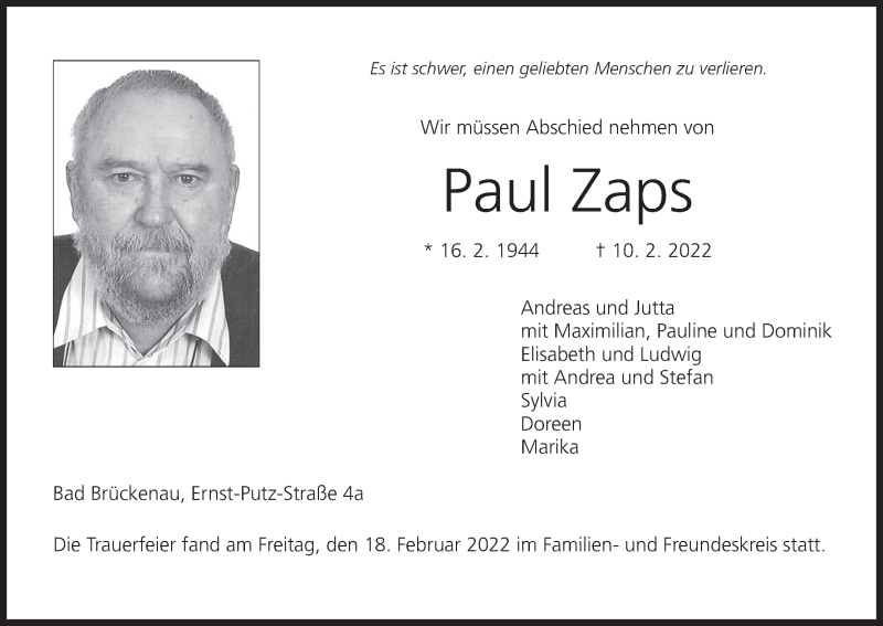  Traueranzeige für Paul Zaps vom 19.02.2022 aus MGO