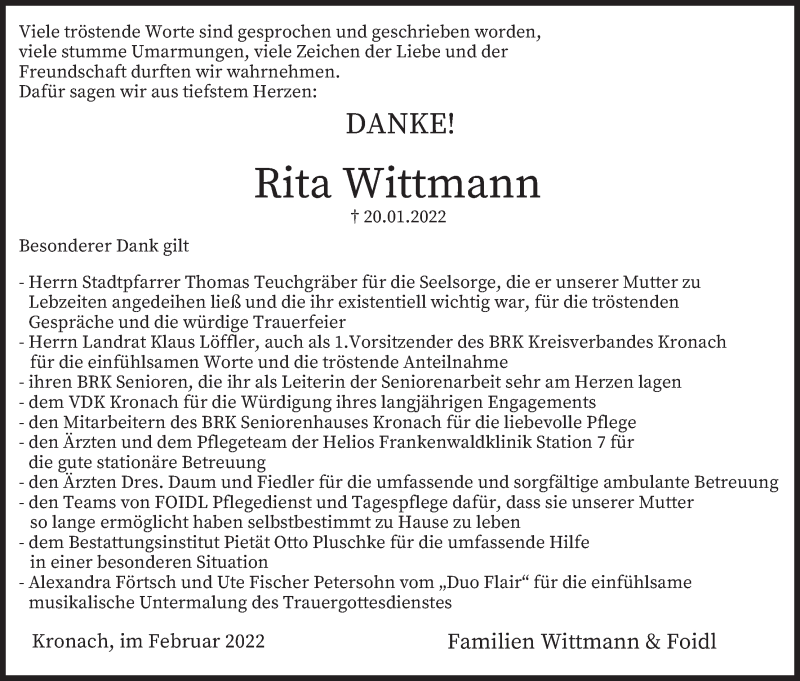  Traueranzeige für Rita Wittmann vom 26.02.2022 aus MGO