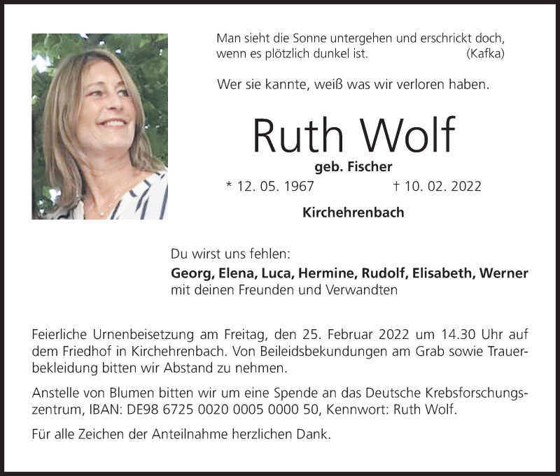  Traueranzeige für Ruth Wolf vom 19.02.2022 aus MGO