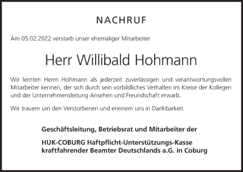 Anzeige von Willibald Hohmann von MGO