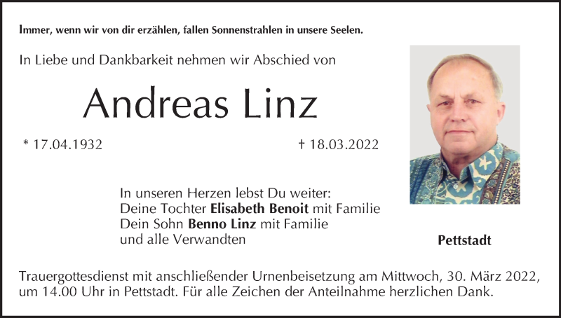  Traueranzeige für Andreas Linz vom 26.03.2022 aus MGO