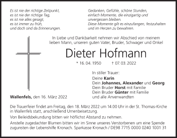 Anzeige von Dieter Hofmann von MGO
