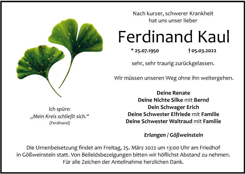 Ferdinand Kaul | Traueranzeige | Trauer.inFranken.de