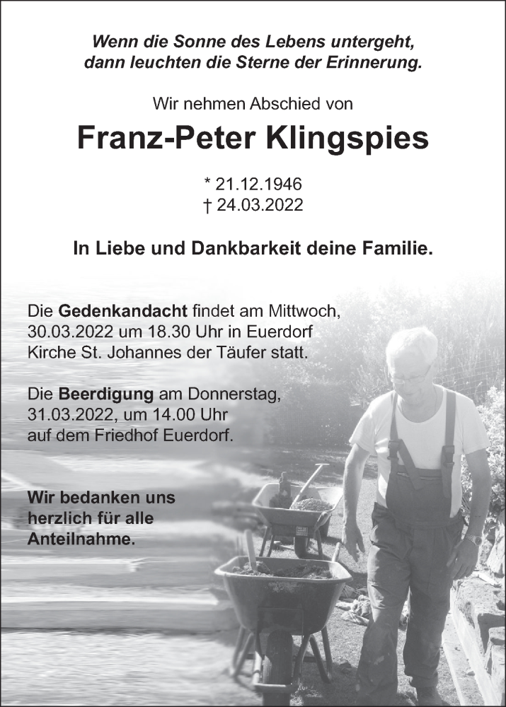  Traueranzeige für Franz-Peter Klingspies vom 29.03.2022 aus MGO