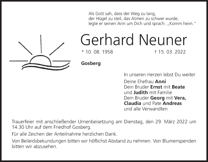  Traueranzeige für Gerhard Neuner vom 26.03.2022 aus MGO