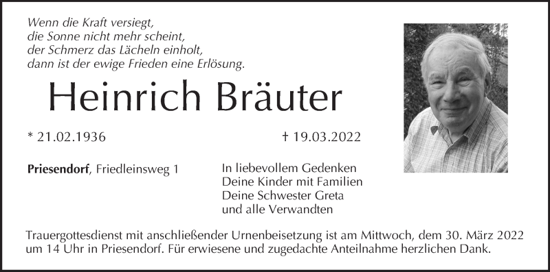 Traueranzeige für Heinrich Bräuter vom 25.03.2022 aus MGO