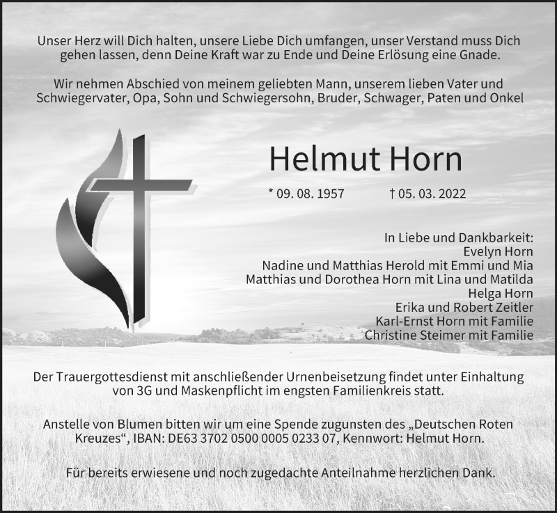  Traueranzeige für Helmut Horn vom 11.03.2022 aus MGO