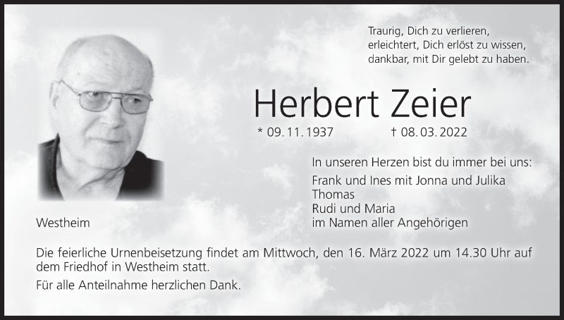  Traueranzeige für Herbert Zeier vom 12.03.2022 aus MGO