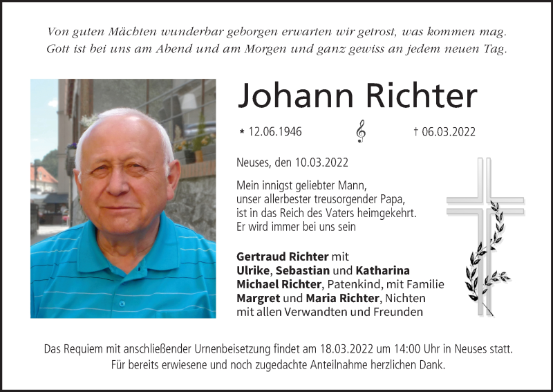  Traueranzeige für Johann Richter vom 12.03.2022 aus MGO