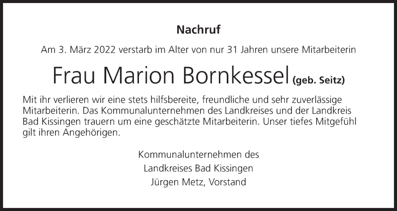  Traueranzeige für Marion Bornkessel vom 11.03.2022 aus MGO