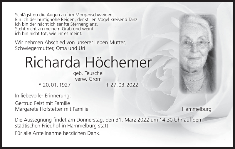  Traueranzeige für Richarda Höchemer vom 30.03.2022 aus MGO