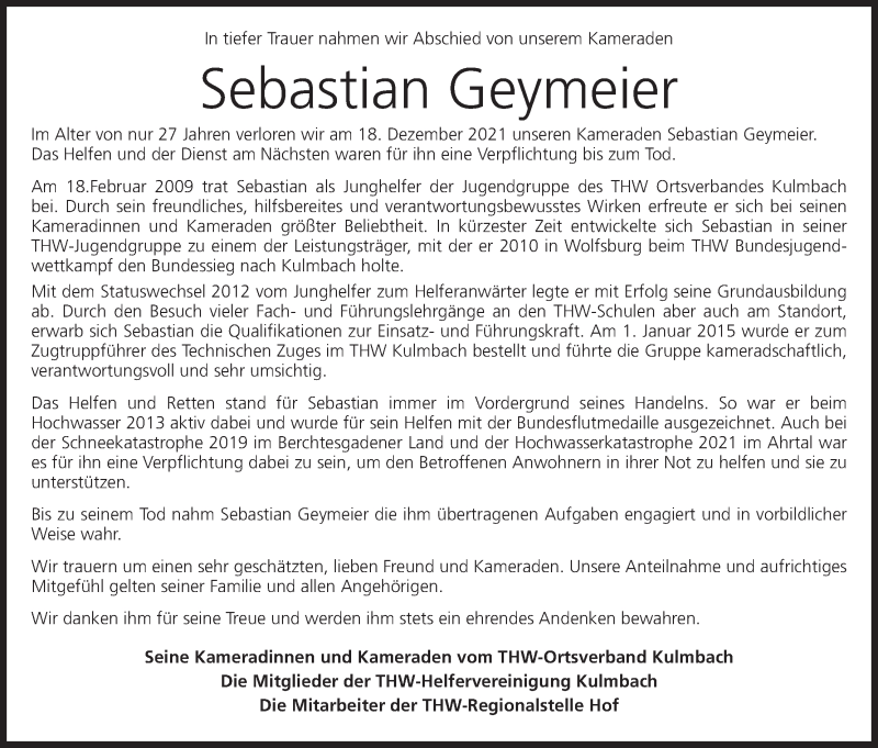 Traueranzeige für Sebastian Geymeier vom 03.03.2022 aus MGO