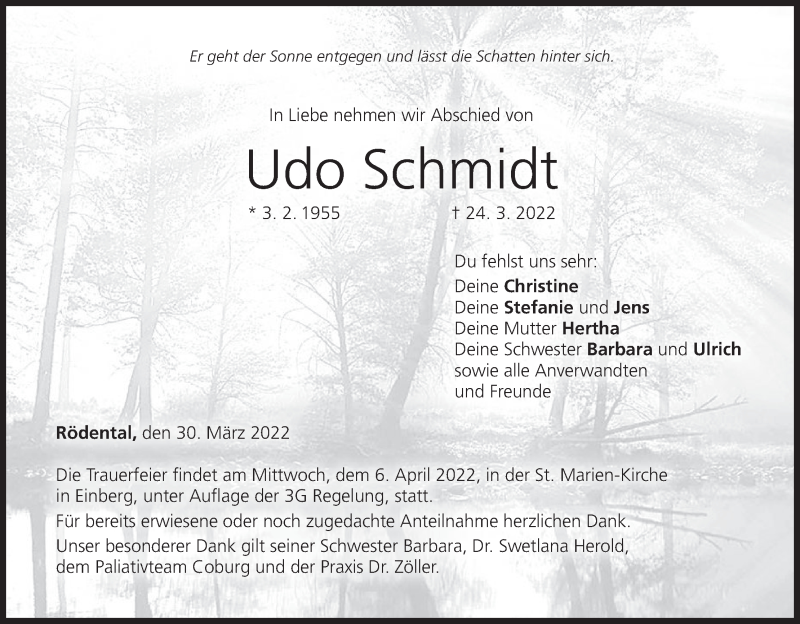  Traueranzeige für Udo Schmidt vom 30.03.2022 aus MGO