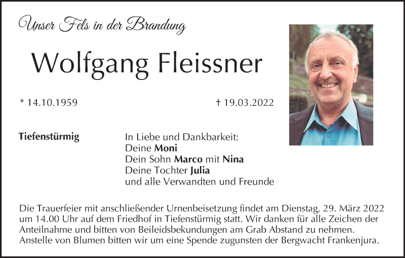  Traueranzeige für Wolfgang Fleissner vom 25.03.2022 aus MGO