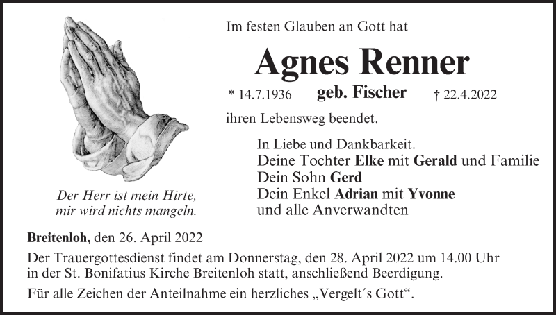  Traueranzeige für Agnes Renner vom 26.04.2022 aus MGO