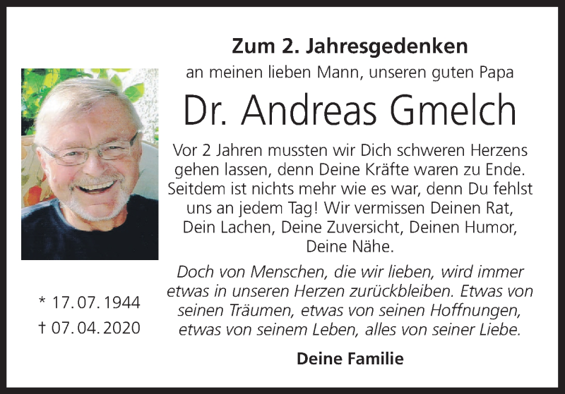  Traueranzeige für Andreas Gmelch vom 09.04.2022 aus MGO