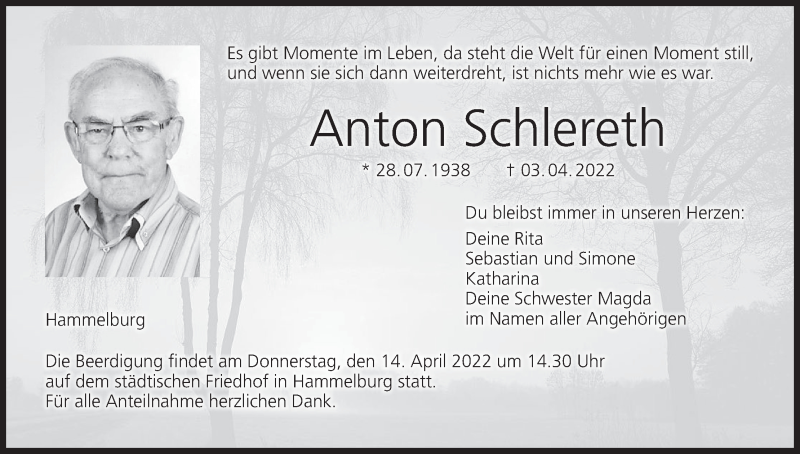  Traueranzeige für Anton Schlereth vom 09.04.2022 aus MGO
