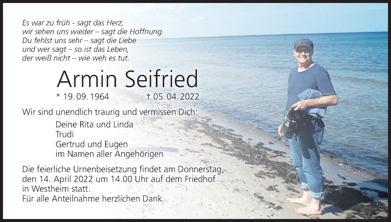  Traueranzeige für Armin Seifried vom 09.04.2022 aus MGO